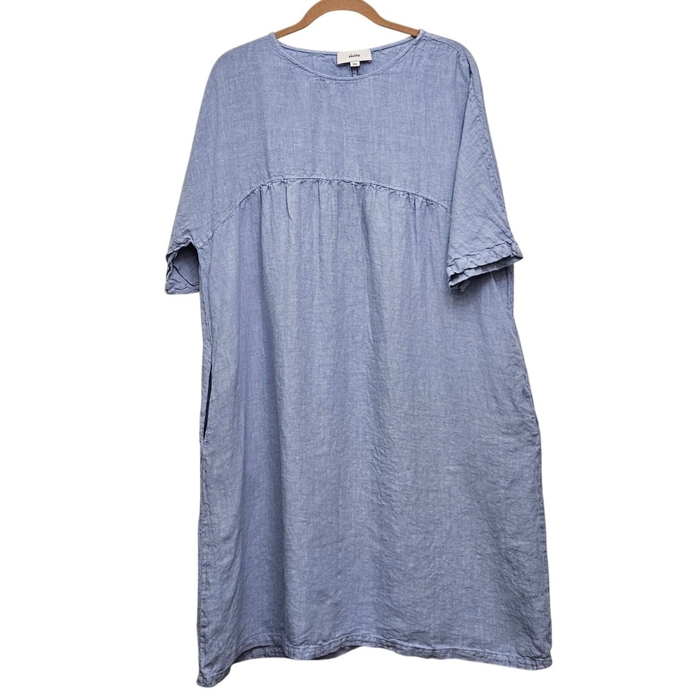 Sauths Shift Dress 2XL Blue Linen Short Sleeve Pocket Coastal Boho‎ Lagenlook